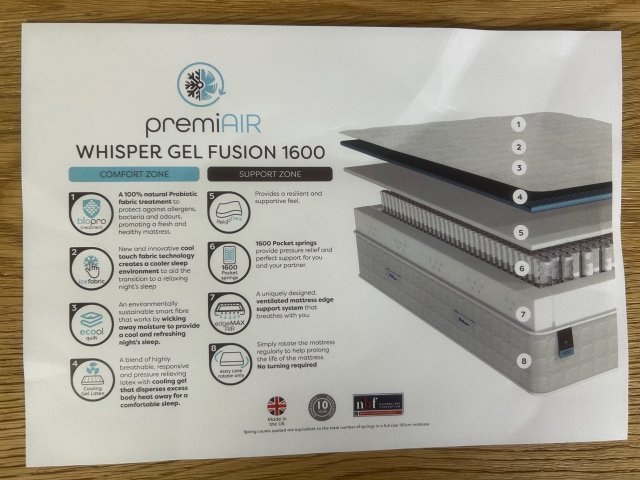 Clearance - Relyon Whisper Gel Fusion 1600 150cm Kingsize Mattress Only