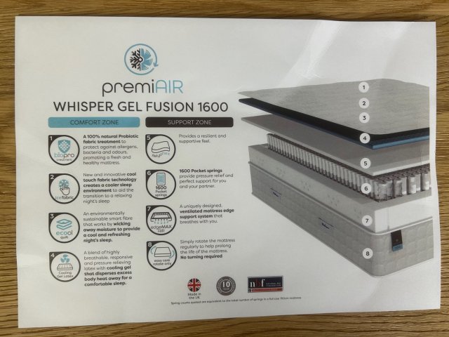 Clearance - Relyon Whisper Gel Fusion 1600 4'6" (135cm) Double Mattress Only