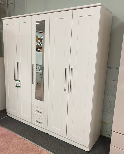 Clearance - Welcome Yoxter Tall 5 Door 2 Drawer Mirror Wardrobe in  White